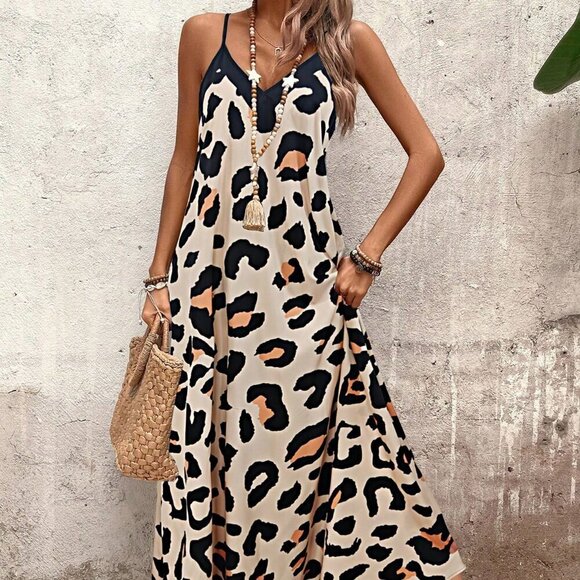 Multicolor Casual Women's Leopard Print Maxi Loose Cami Dress - Picture 3 of 7